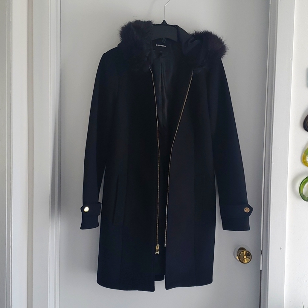 Express Faux Fur Hooded Wool Blend Coat